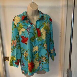 Lovely Teal Floral Print Button Up Natori Blouse - S